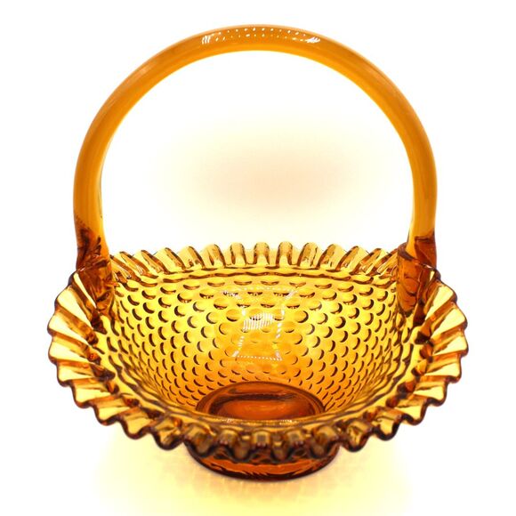 Vintage Large Fenton Amber Gold Glass Basket Ruffled Edge Hobnail Pattern 9" - Picture 1 of 8
